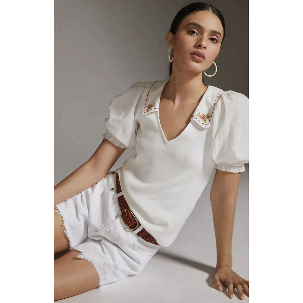 Anthropologie White Puff-Sleeve V-Neck Top with Embroidered Collar